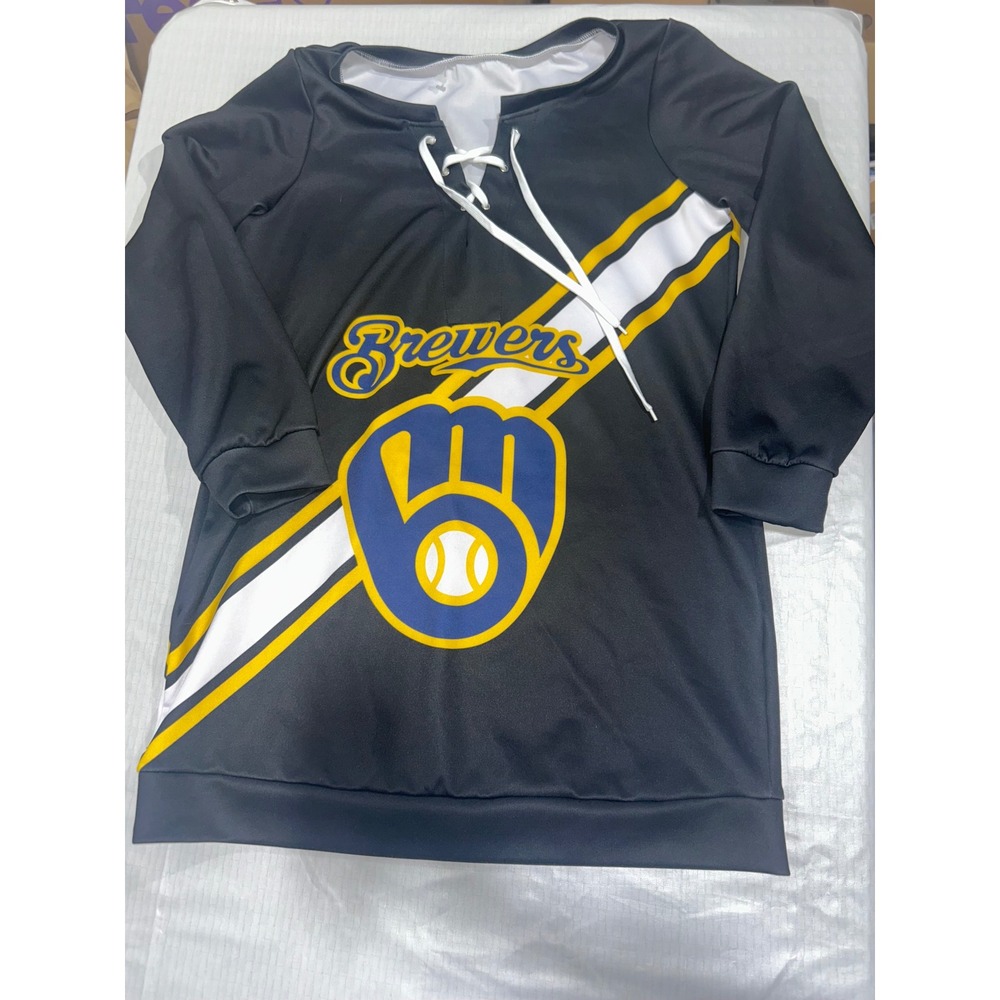 Milwaukee Brewers Lace Up Long Sleeve Shirt Black Graphic Logo XL MLB Fan Gear